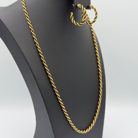 Vtg Avon Gold Toned Rope Chain Black Woven Twisted Necklace Hoop Earrings Set - Picture 2 of 10